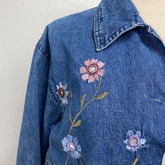Vtg Agapo Chore Jacket Blouse Top Large Petite Denim Floral Embroidery Country - Picture 3 of 11